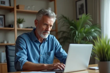 Homme d'âge moyen utilisant son ordinateur portable Microsoft