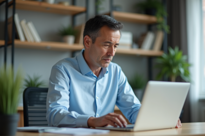 Homme d'âge moyen travaillant sur son ordinateur dans un bureau moderne