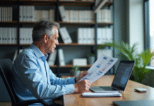 Homme d'affaires au bureau avec ordinateur et diagramme