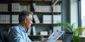 Homme d'affaires au bureau avec ordinateur et diagramme