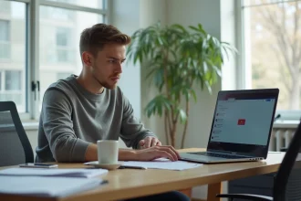 Jeune homme concentré devant un ordinateur en bureau