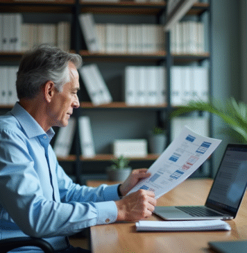 Homme d'affaires au bureau avec ordinateur et diagramme