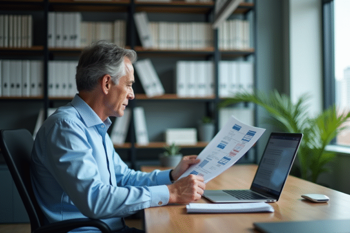 Homme d'affaires au bureau avec ordinateur et diagramme