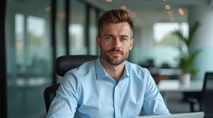 Homme d affaires au bureau utilisant un ordinateur portable