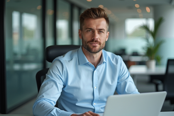 homme-bureau-professionnel Homme d affaires au bureau utilisant un ordinateur portable