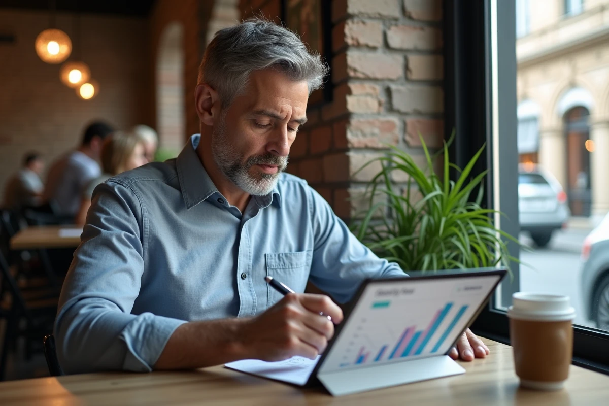 Homme au café analysant des performances SEO sur une tablette
