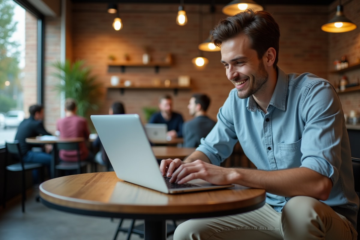 Homme travaillant sur un ordinateur dans un café lumineux