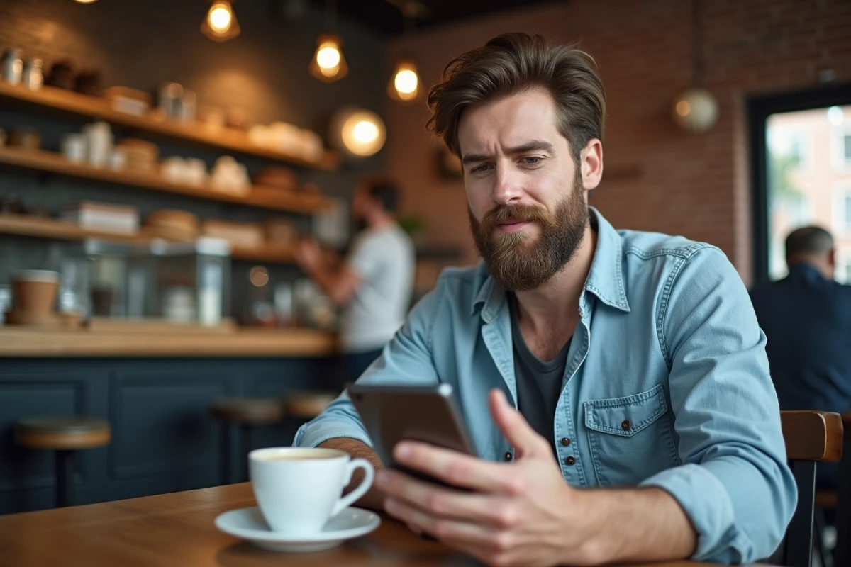 Homme barbu au café utilisant son smartphone et sa tablette