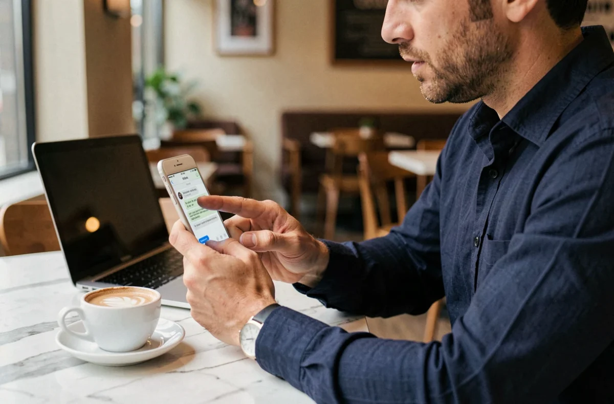 Homme en café utilisant WhatsApp sur smartphone pour mettre du texte en gras et en italique