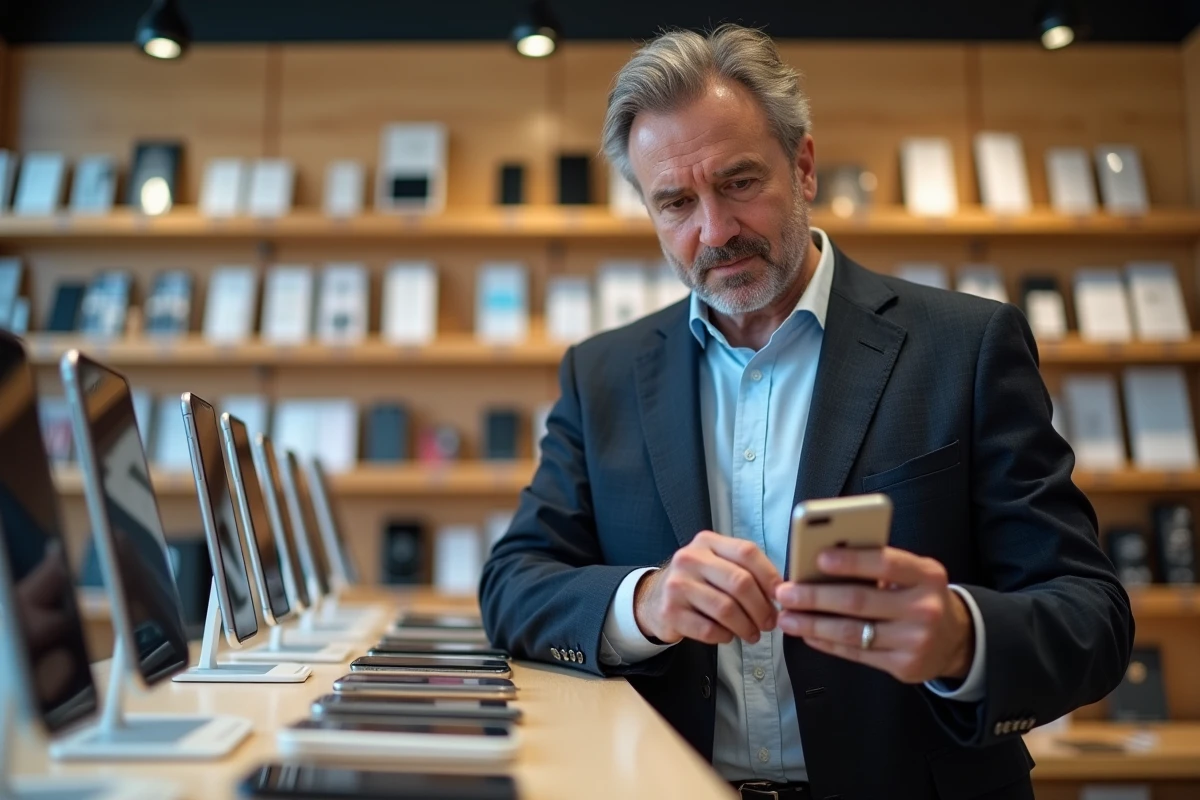 Homme en magasin comparant deux modèles d