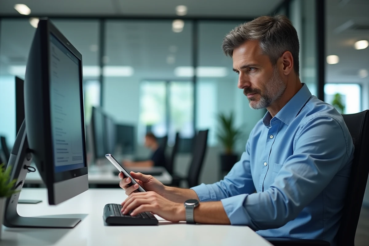 Homme configurant ses emails dans un bureau moderne