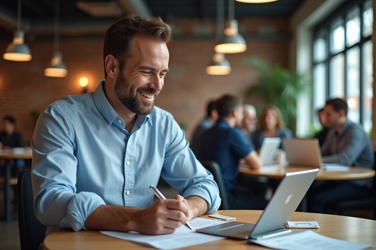 Homme d affaires convertissant un document en PDF dans un coworking