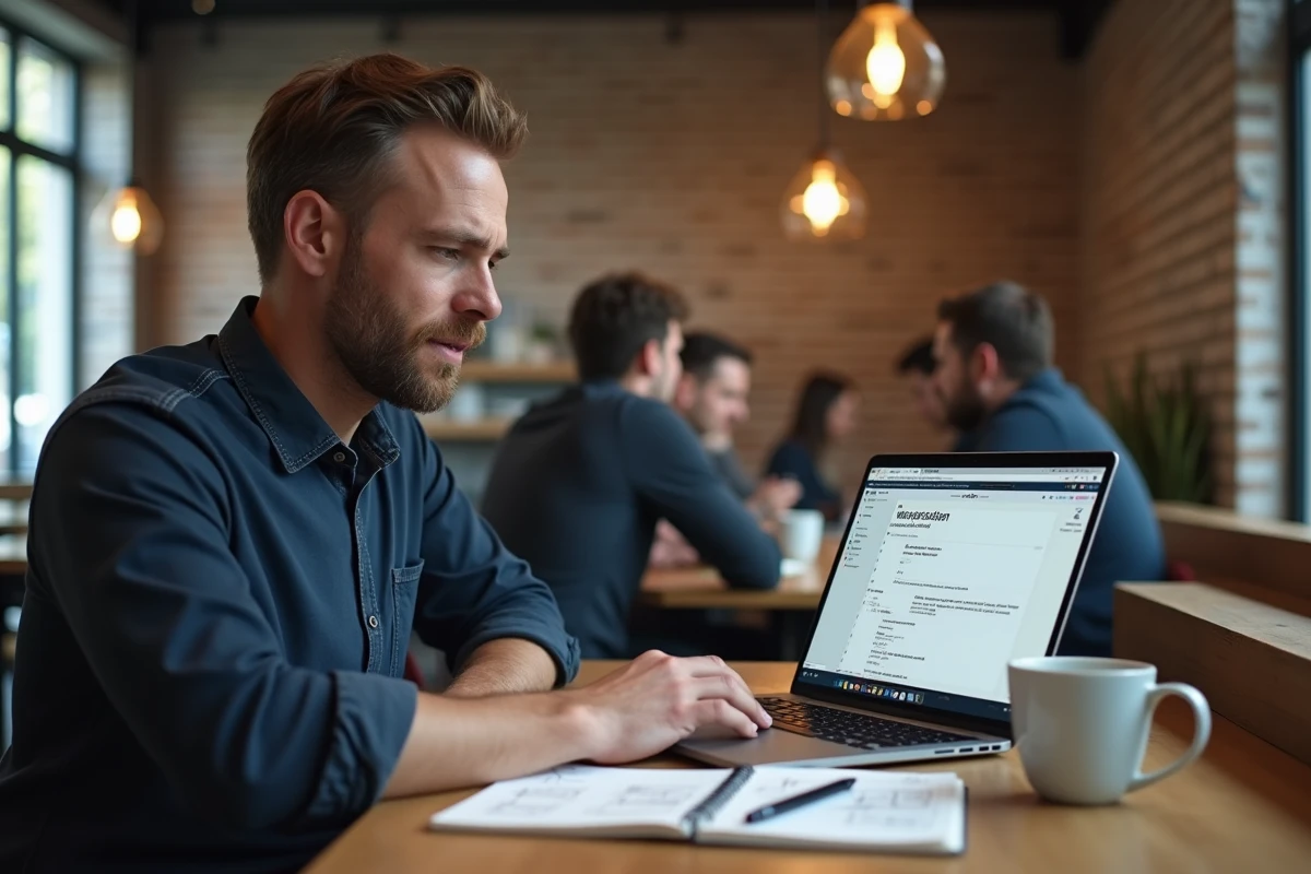 Homme travaillant sur un outil de création de site web clé en main dans un espace de coworking moderne