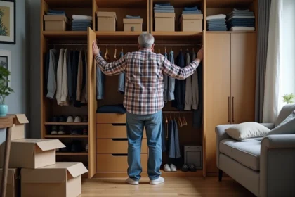 Homme d age moyen en jeans tente de fermer un placard encombré