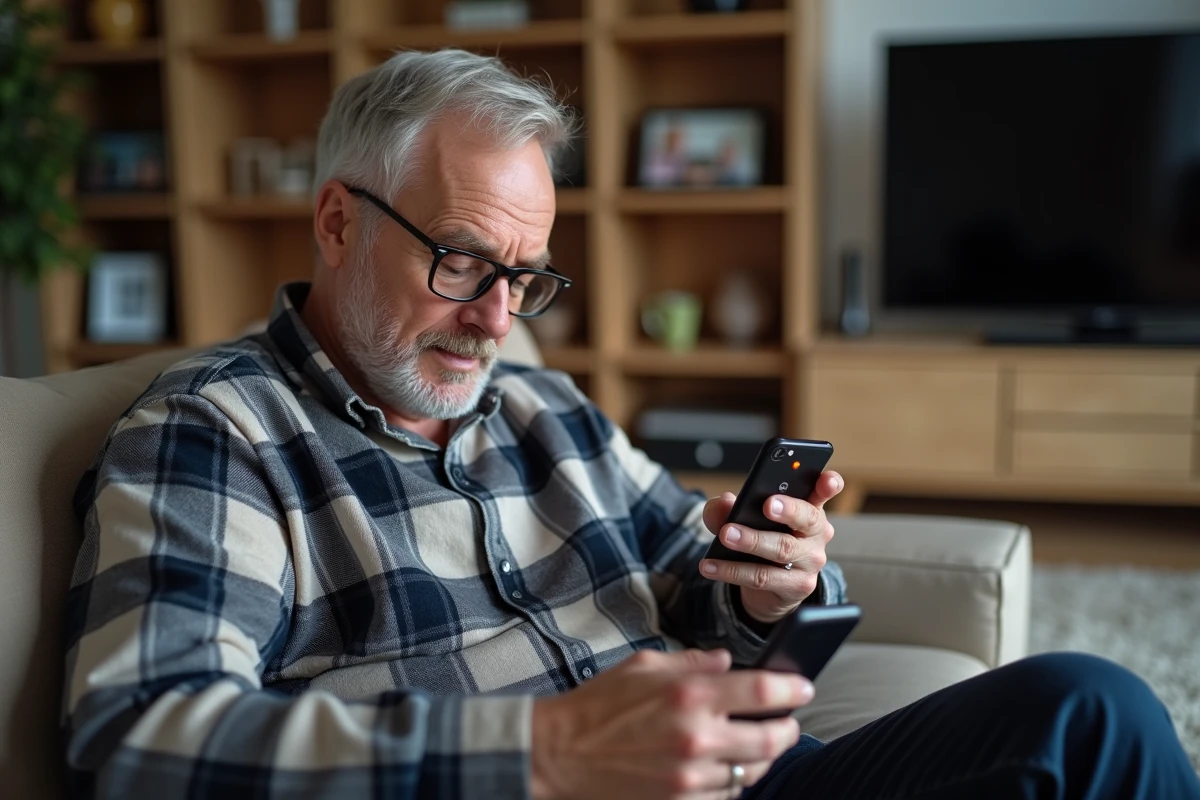 Homme consultant son téléphone avec la télécommande Freebox pour résoudre une erreur TV