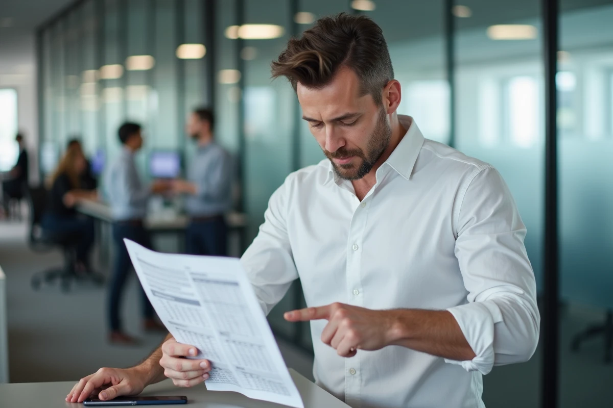 Homme en chemise blanche examinant un document Word imprimé avec un tableau bien structuré dans un bureau professionnel