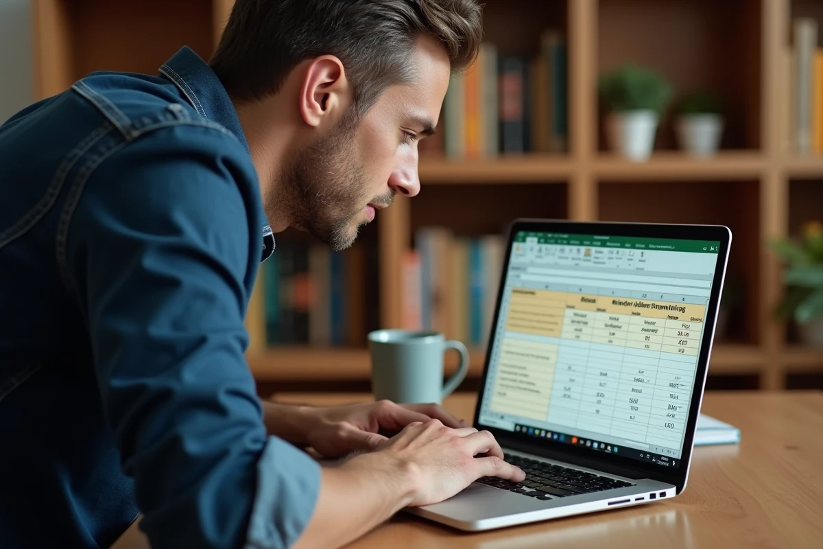 Homme utilisant Excel depuis son bureau à domicile pour identifier et supprimer des doublons dans une feuille de calcul