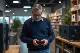 Homme examine un appareil Sony rexon en magasin