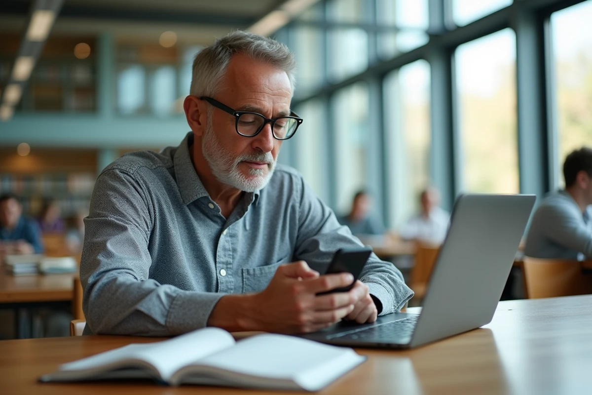 Homme étudiant utilisant son smartphone en bibliothèque