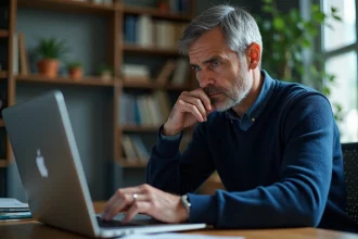 Homme d'âge moyen frustré devant son ordinateur à la maison