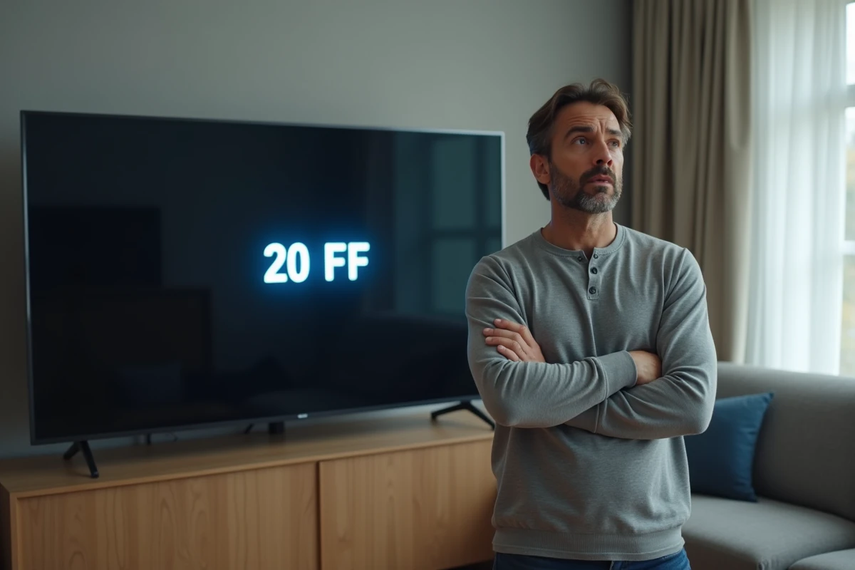Homme frustré devant sa télévision affichant l'erreur 20 FF Freebox dans un salon moderne