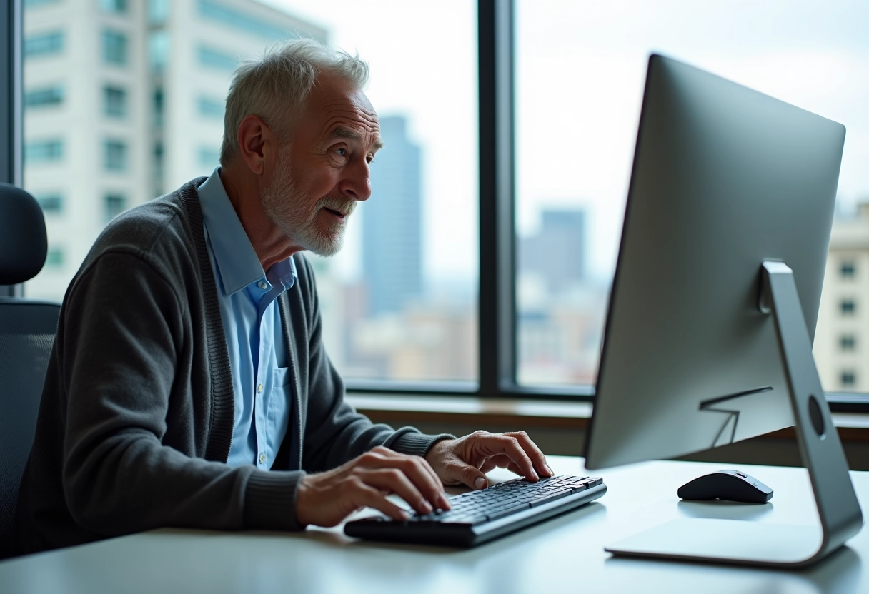 Homme âgé utilisant clavier ergonomique dans bureau lumineux