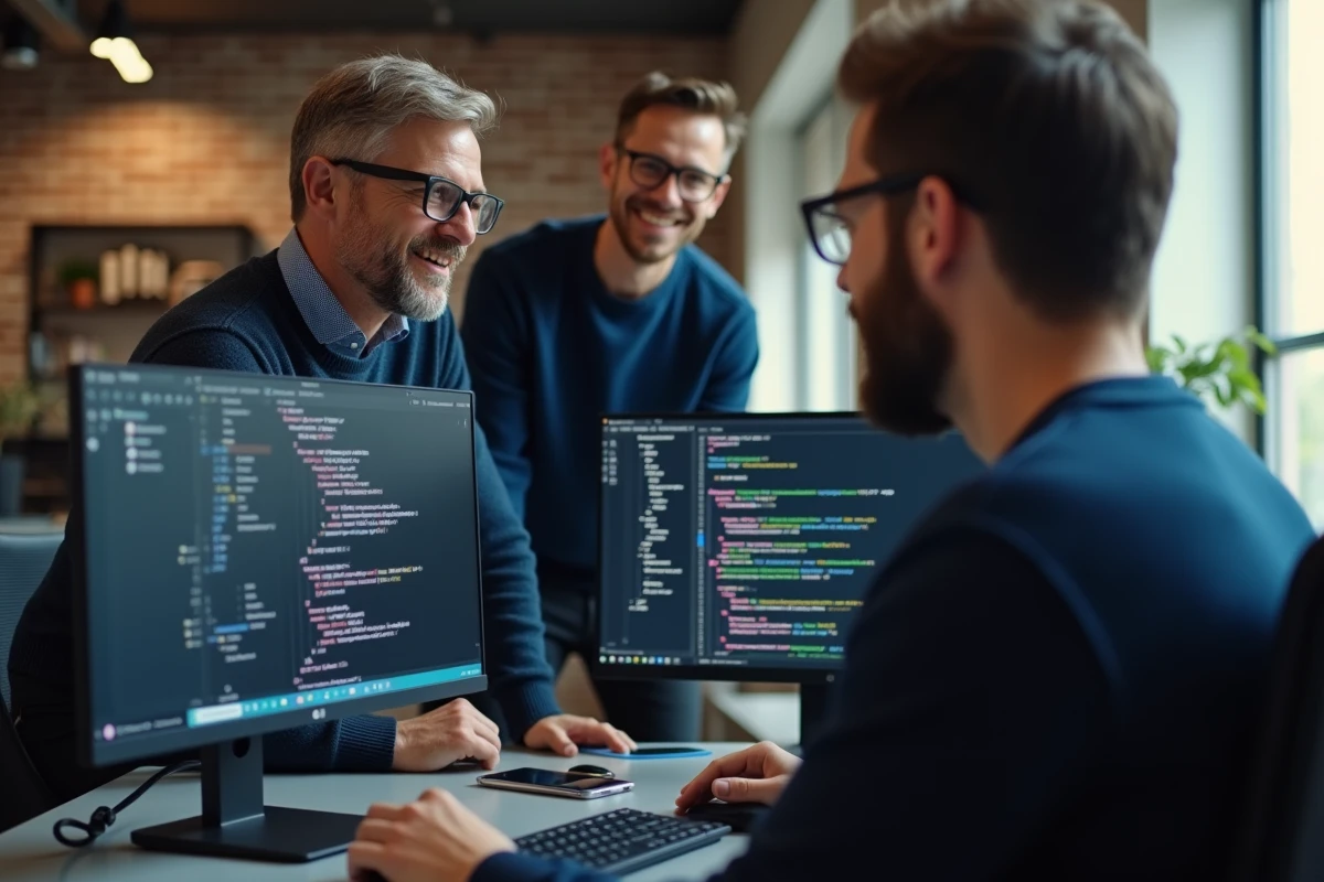Homme expliquant un code Python à un collègue dans un espace de travail