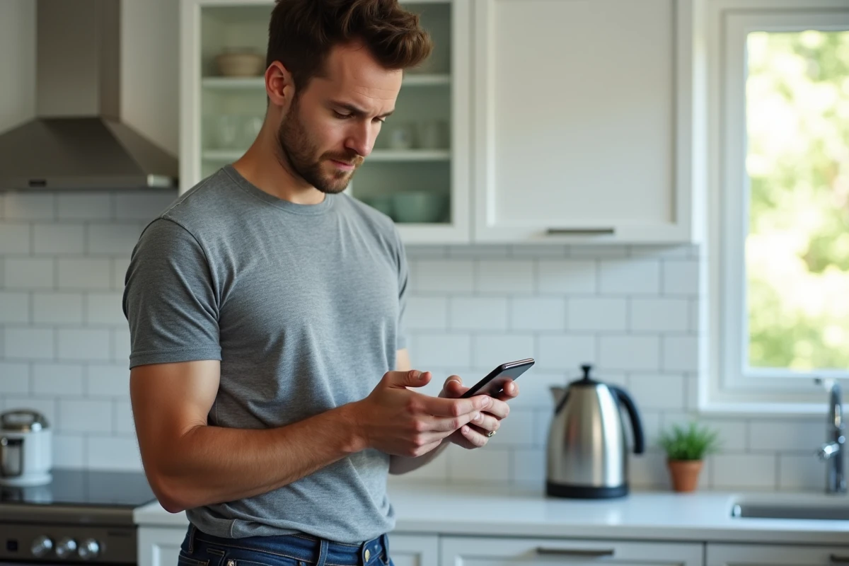 Homme consultant les paramètres de sécurité Google Mon Activité sur son smartphone dans une cuisine moderne