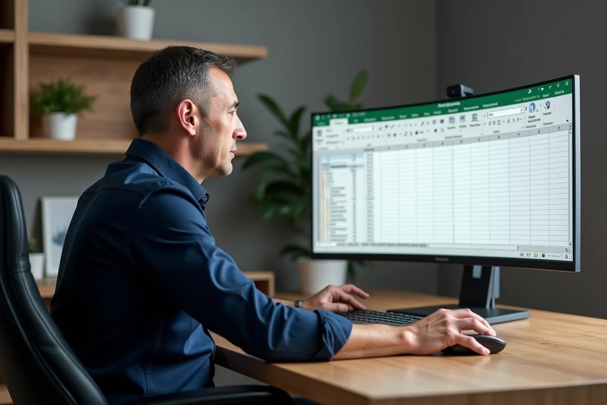 Homme travaillant sur un grand écran avec Excel ouvert montrant l'option figer les volets dans un bureau à domicile