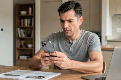Homme examinant attentivement un iPhone 12 d'occasion posé sur une table en bois, entouré de documents d'achat