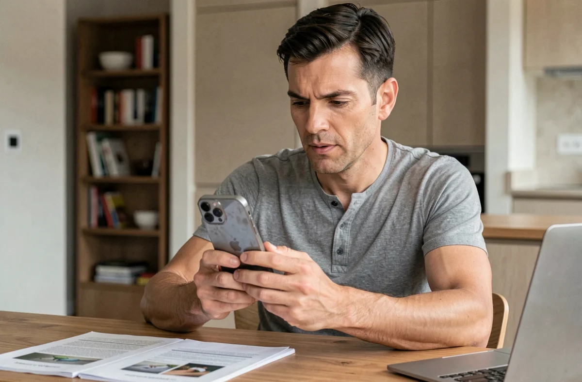 Homme examinant attentivement un iPhone 12 d'occasion posé sur une table en bois, entouré de documents d'achat