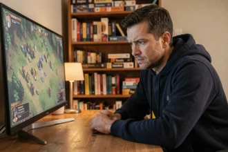 Homme concentré jouant à un jeu de stratégie au tour par tour sur PC dans un bureau à domicile chaleureux
