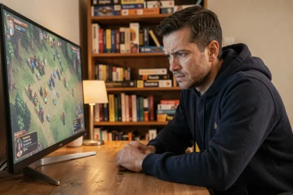 Homme concentré jouant à un jeu de stratégie au tour par tour sur PC dans un bureau à domicile chaleureux