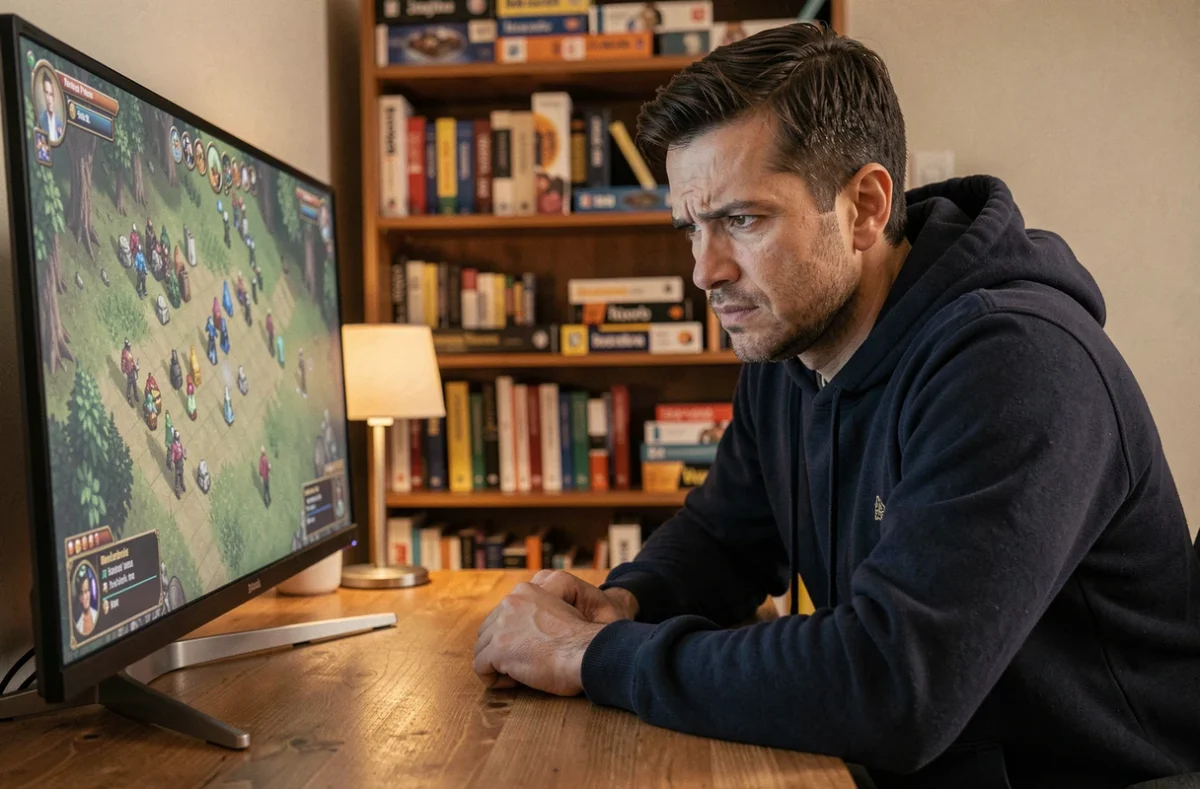 Homme concentré jouant à un jeu de stratégie au tour par tour sur PC dans un bureau à domicile chaleureux