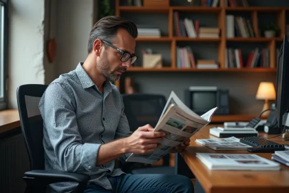 Homme d'âge moyen lisant un magazine informatique dans un bureau