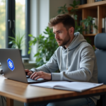 Apprendre Kubernetes en combien de jours ? Conseils et stratégies efficaces Jeune homme travaillant sur un ordinateur avec logo Kubernetes