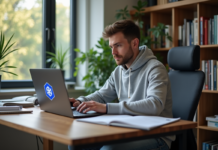 Apprendre Kubernetes en combien de jours ? Conseils et stratégies efficaces Jeune homme travaillant sur un ordinateur avec logo Kubernetes