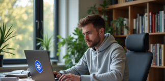 Apprendre Kubernetes en combien de jours ? Conseils et stratégies efficaces Jeune homme travaillant sur un ordinateur avec logo Kubernetes