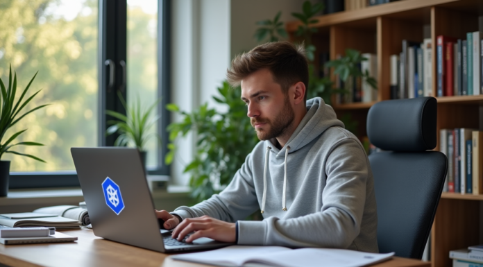 Jeune homme travaillant sur un ordinateur avec logo Kubernetes