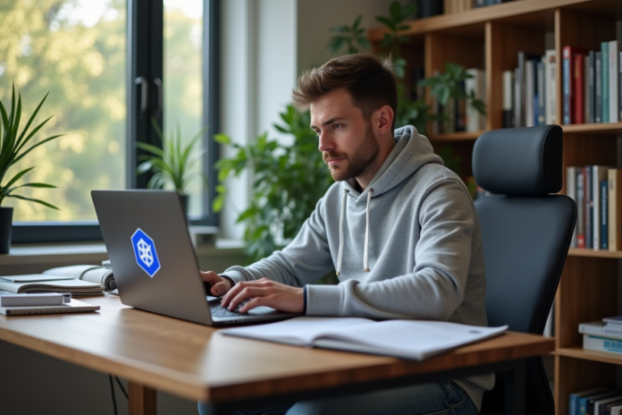 Jeune homme travaillant sur un ordinateur avec logo Kubernetes