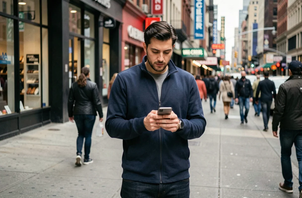 Homme consultant son Google Pixel 6a dans la rue en ville, recherchant les meilleures offres 5G pas chères