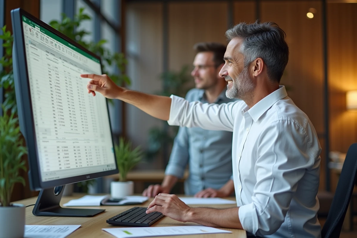 Homme expliquant des données Excel à un collègue dans un bureau