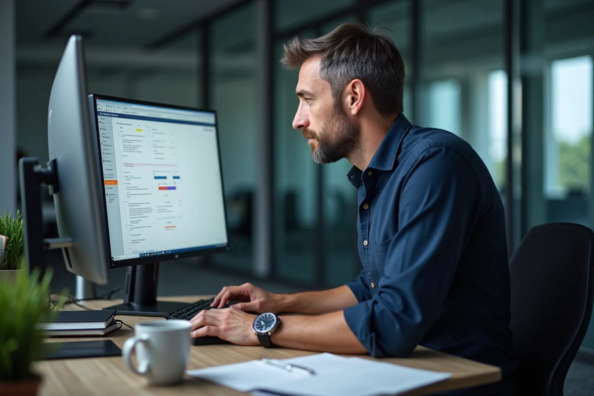 Homme configurant les réglages d'un outil de correction orthographique sur un grand écran de bureau en open space