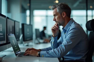 Homme d'affaires vérifiant une connexion SSL au bureau