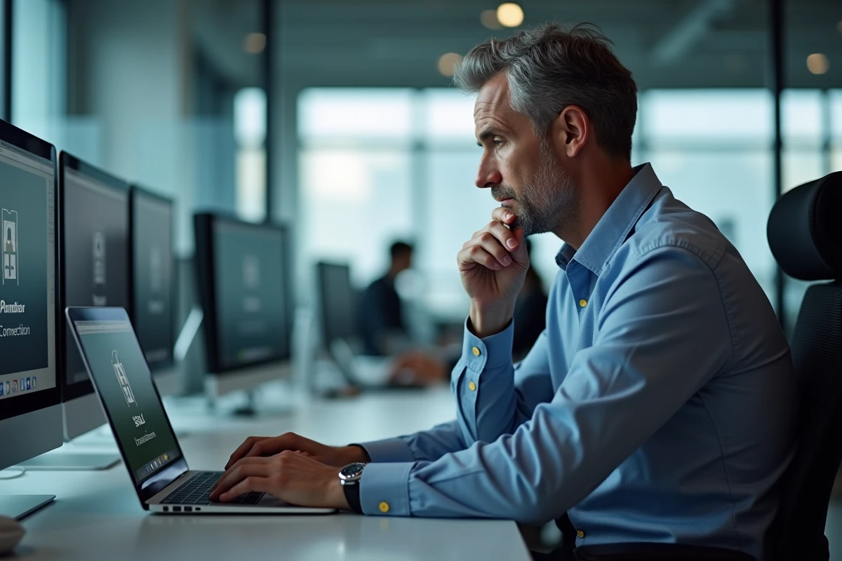 Homme d'affaires vérifiant une connexion SSL au bureau