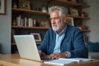 Homme senior en cardigan bleu utilisant un ordinateur à la maison