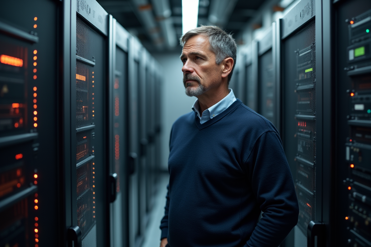 Homme en tenue décontractée inspectant un serveur dans une salle informatique