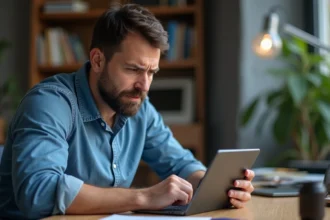 Homme frustré regardant une tablette avec erreur