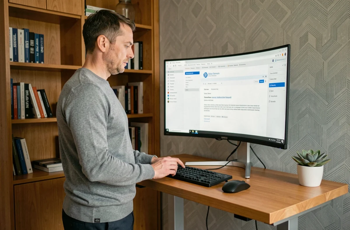 Homme en télétravail gérant des emails professionnels IONOS depuis son bureau à domicile
