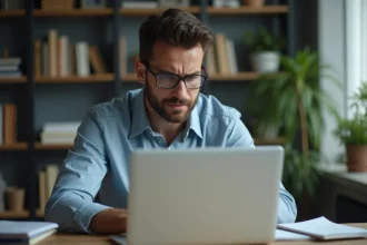 Homme frustré travaillant sur son ordinateur dans un bureau à domicile